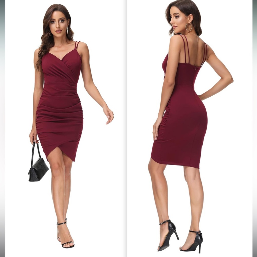 GRACE KARIN Ruched V-Neck Draped Bodycon Double Spaghetti Strap Dress EUC